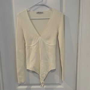 Abercrombie Cream Ribbed Long Sleeve Bodysuit Small
